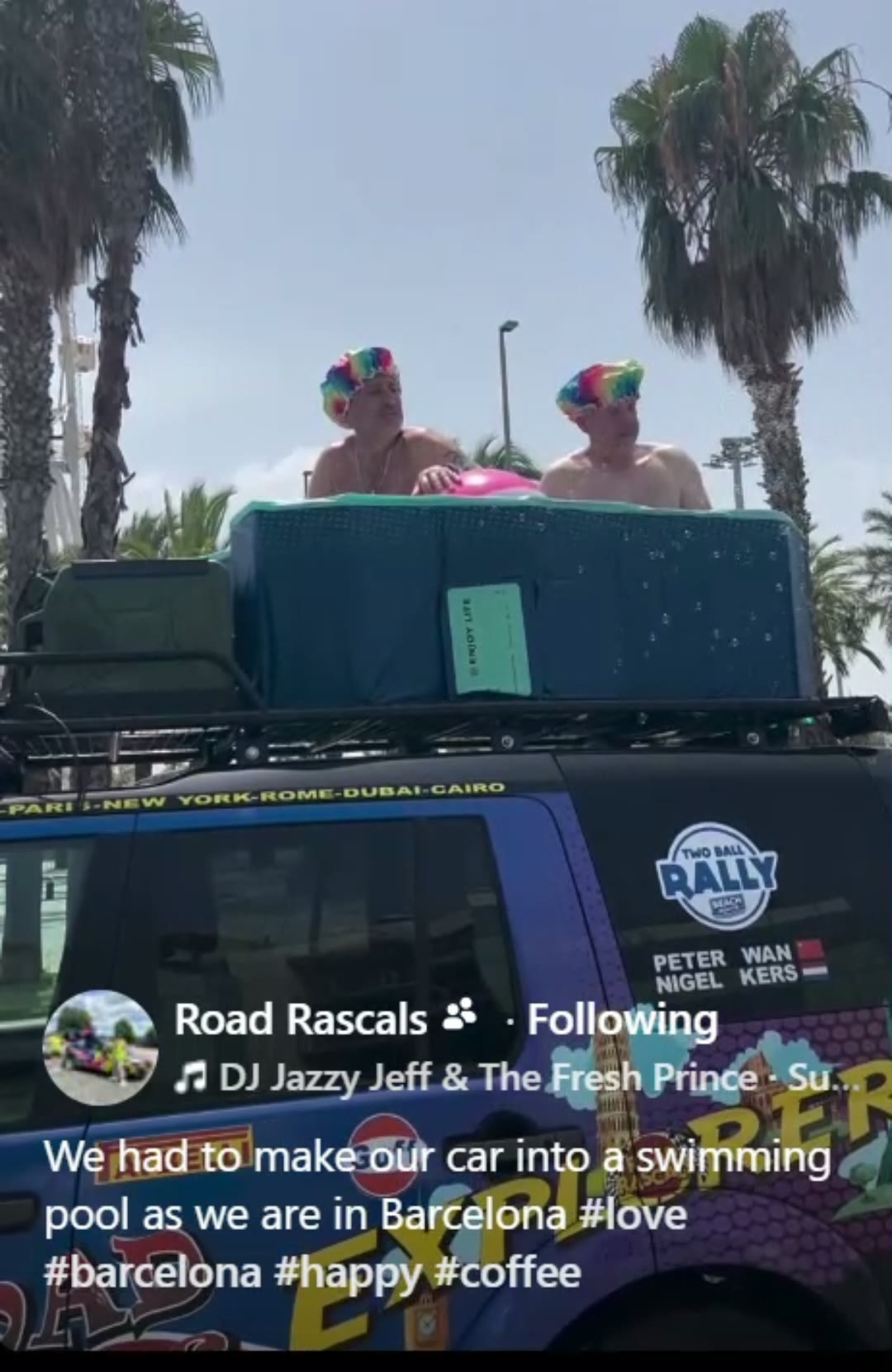 A hot tub strapped to the car's roof rack with the crew inside